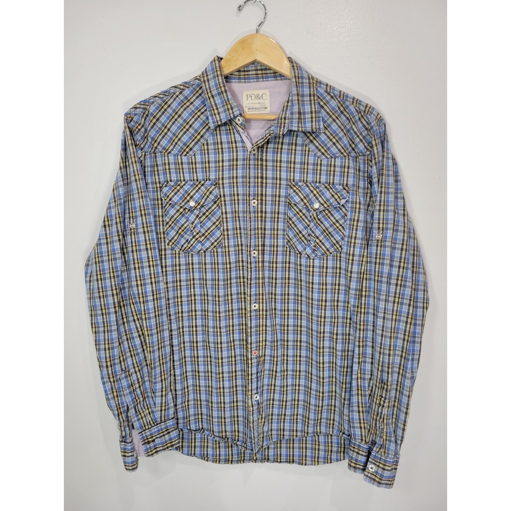 PD&C Mens Western Plaid Snap Button Long Sleeve Roll Tab Shirt Blue Yellow XL‎